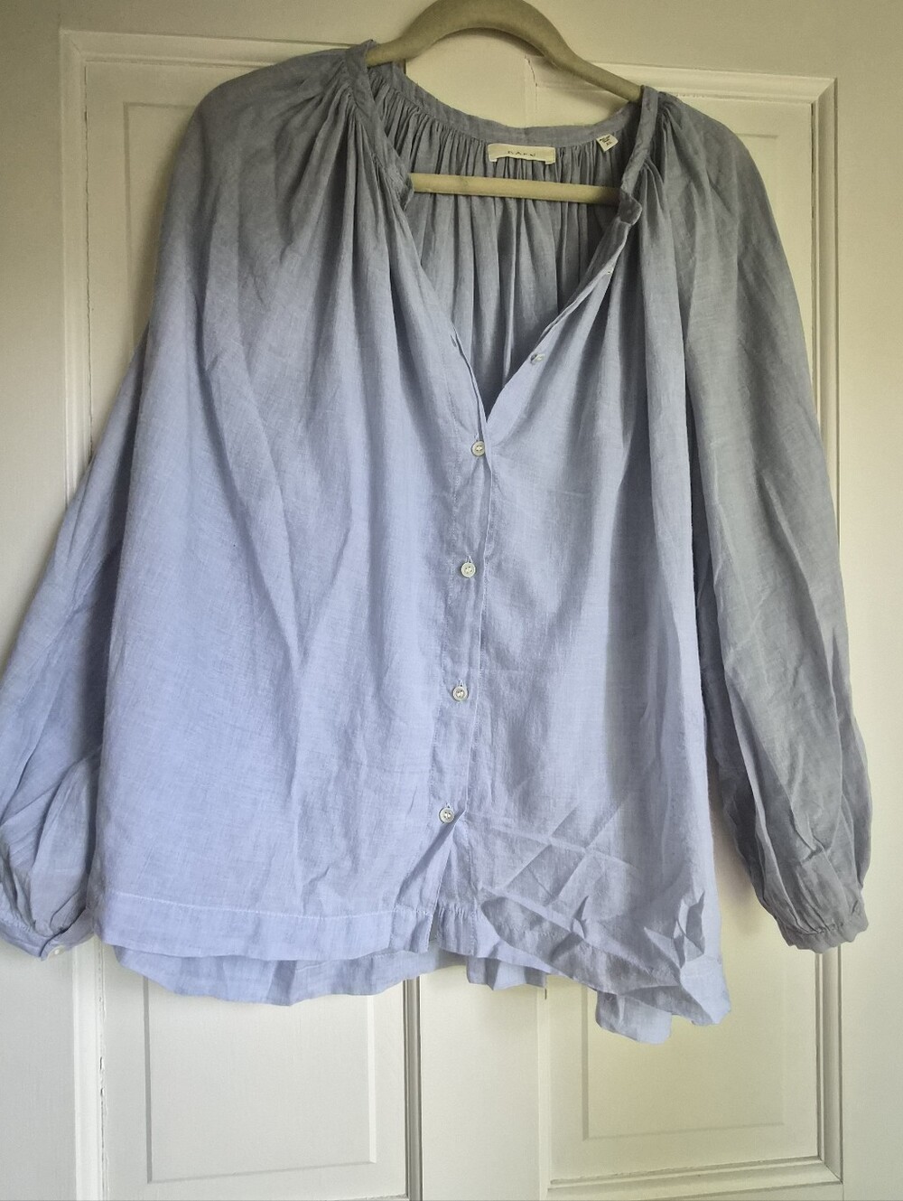 DÔEN Jonie Top XL French Blue Cotton Gauze Button Front Balloon Sleeve Blouse